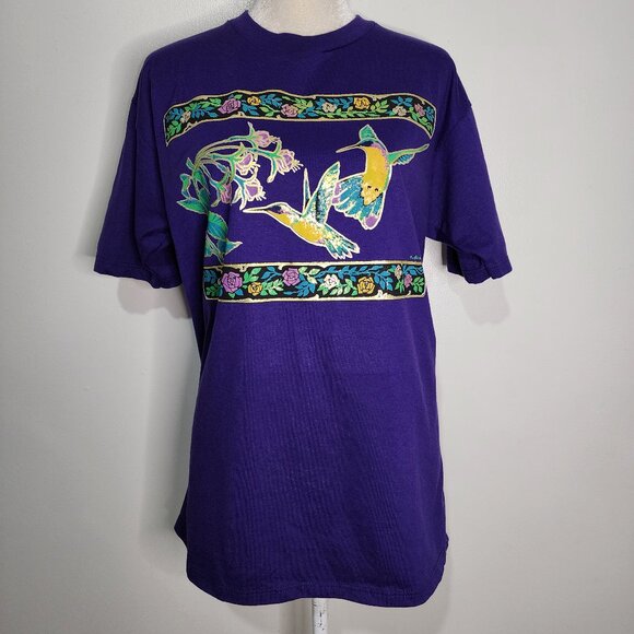Vtg 90s Jerzees USA Air Waves Womens Large Royal Purple Hummingbird Gold T-shirt - Picture 7 of 9